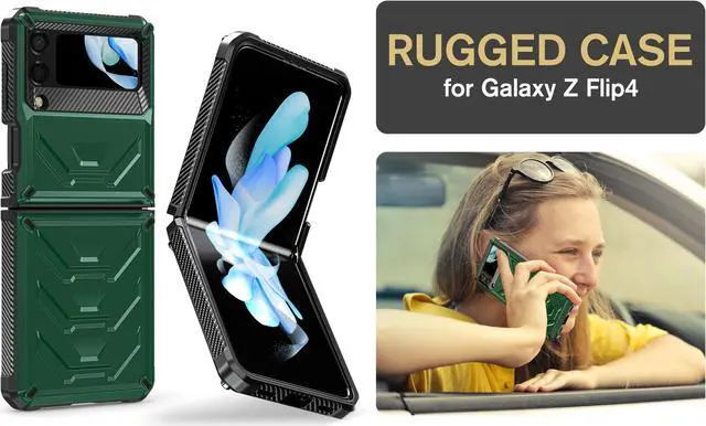 Alt view image 7 of 7 - For Samsung Galaxy Z Flip 4 5G 2022 Case with Slide Camera Cover, Military Grade Heavy Duty Protective Armor Phone Case Shockproof Cover Green