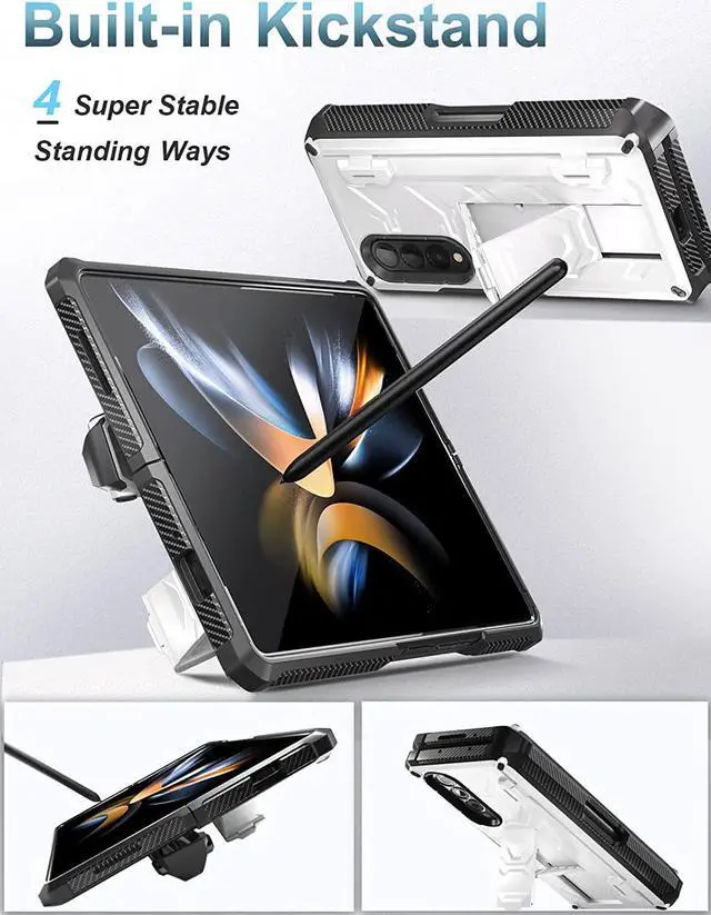 Alt view image 5 of 7 - For Samsung Galaxy Z Fold 4 Case with S Pen Holder Built-in Kickstand & Screen Protector, 360° Full-Body & Hinge Protection Rugged Heavy Duty Phone Cover for Galaxy Z Fold 4 2022 5G White