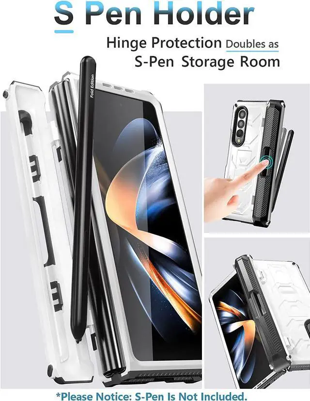Alt view image 6 of 7 - For Samsung Galaxy Z Fold 4 Case with S Pen Holder Built-in Kickstand & Screen Protector, 360° Full-Body & Hinge Protection Rugged Heavy Duty Phone Cover for Galaxy Z Fold 4 2022 5G White