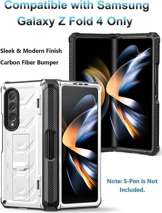 Alt view image 4 of 7 - For Samsung Galaxy Z Fold 4 Case with S Pen Holder Built-in Kickstand & Screen Protector, 360° Full-Body & Hinge Protection Rugged Heavy Duty Phone Cover for Galaxy Z Fold 4 2022 5G White