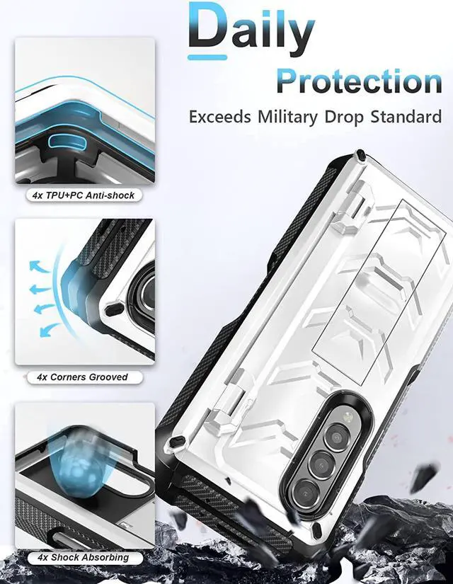 Alt view image 2 of 7 - For Samsung Galaxy Z Fold 4 Case with S Pen Holder Built-in Kickstand & Screen Protector, 360° Full-Body & Hinge Protection Rugged Heavy Duty Phone Cover for Galaxy Z Fold 4 2022 5G White