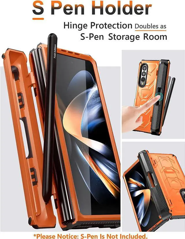 Alt view image 3 of 7 - For Samsung Galaxy Z Fold 4 Case with S Pen Holder Built-in Kickstand & Screen Protector, 360° Full-Body & Hinge Protection Rugged Heavy Duty Phone Cover for Galaxy Z Fold 4 2022 5G Orange
