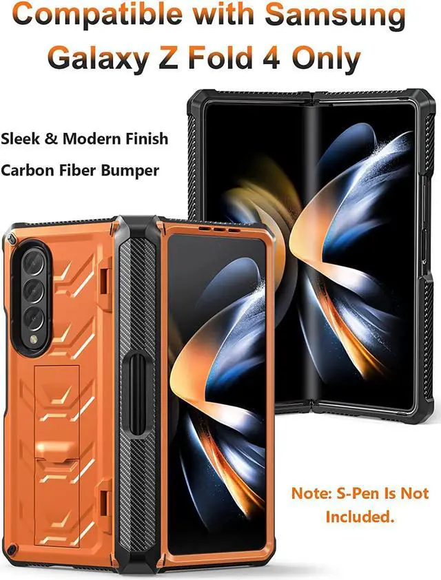 Alt view image 4 of 7 - For Samsung Galaxy Z Fold 4 Case with S Pen Holder Built-in Kickstand & Screen Protector, 360° Full-Body & Hinge Protection Rugged Heavy Duty Phone Cover for Galaxy Z Fold 4 2022 5G Orange