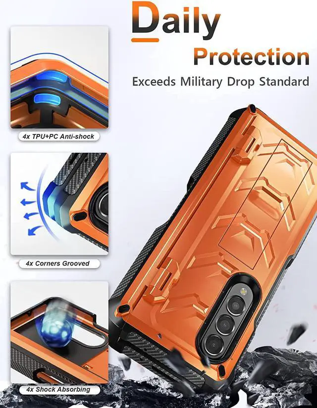 Alt view image 5 of 7 - For Samsung Galaxy Z Fold 4 Case with S Pen Holder Built-in Kickstand & Screen Protector, 360° Full-Body & Hinge Protection Rugged Heavy Duty Phone Cover for Galaxy Z Fold 4 2022 5G Orange