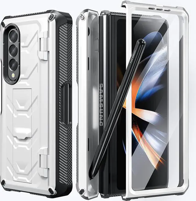 Main image of For Samsung Galaxy Z Fold 4 Case with S Pen Holder Built-in Kickstand & Screen Protector, 360° Full-Body & Hinge Protection Rugged Heavy Duty Phone Cover for Galaxy Z Fold 4 2022 5G White
