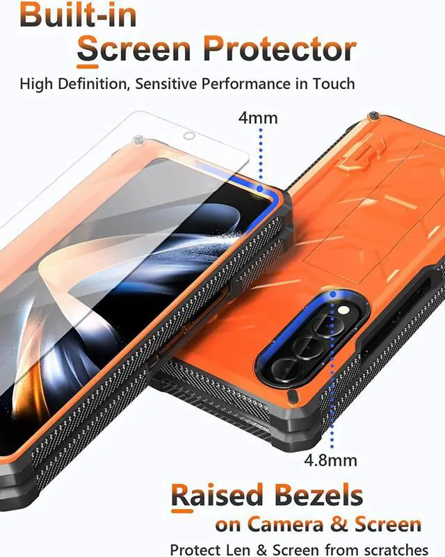 Alt view image 6 of 7 - For Samsung Galaxy Z Fold 4 Case with S Pen Holder Built-in Kickstand & Screen Protector, 360° Full-Body & Hinge Protection Rugged Heavy Duty Phone Cover for Galaxy Z Fold 4 2022 5G Orange