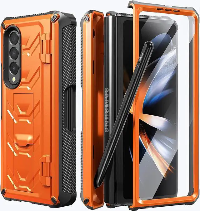 Main image of For Samsung Galaxy Z Fold 4 Case with S Pen Holder Built-in Kickstand & Screen Protector, 360° Full-Body & Hinge Protection Rugged Heavy Duty Phone Cover for Galaxy Z Fold 4 2022 5G Orange
