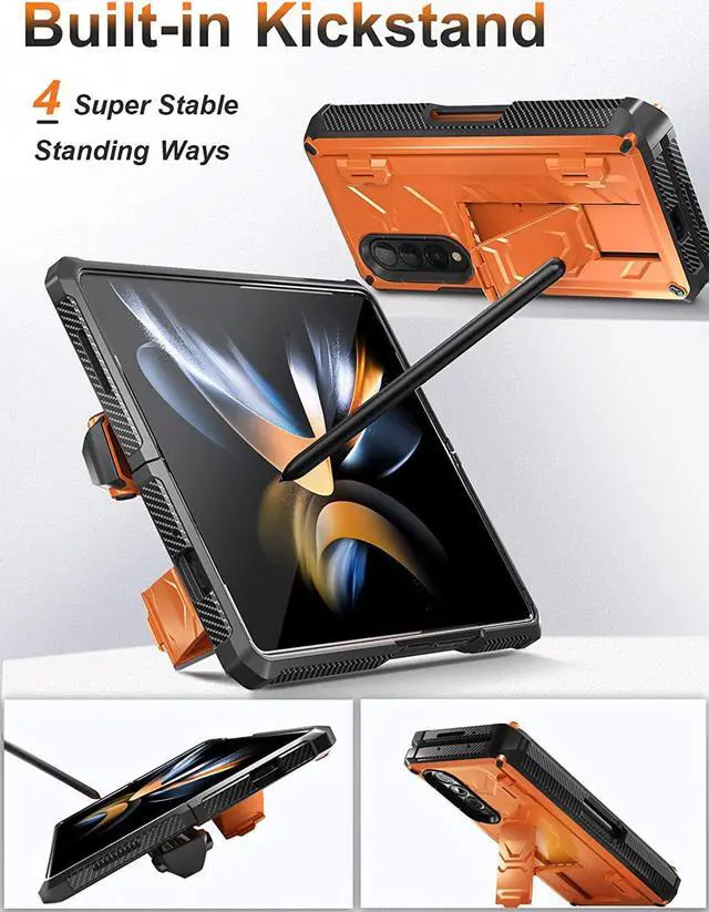 Alt view image 2 of 7 - For Samsung Galaxy Z Fold 4 Case with S Pen Holder Built-in Kickstand & Screen Protector, 360° Full-Body & Hinge Protection Rugged Heavy Duty Phone Cover for Galaxy Z Fold 4 2022 5G Orange