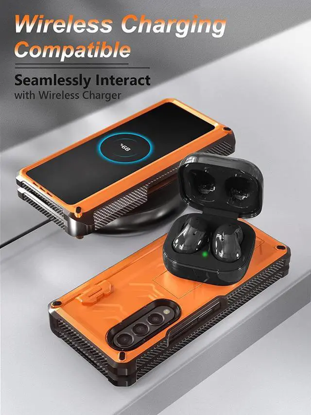 Alt view image 7 of 7 - For Samsung Galaxy Z Fold 4 Case with S Pen Holder Built-in Kickstand & Screen Protector, 360° Full-Body & Hinge Protection Rugged Heavy Duty Phone Cover for Galaxy Z Fold 4 2022 5G Orange
