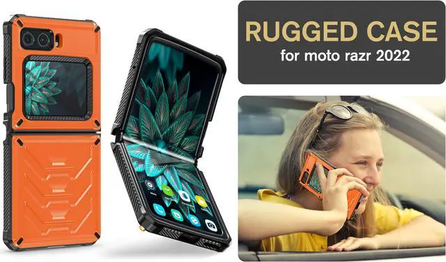 Alt view image 7 of 7 - For Motorola Moto Razr 2022 Case with Slide Camera Cover, Military Grade Heavy Duty Protective Armor Phone Case Shockproof Hard Shell Cover Orange