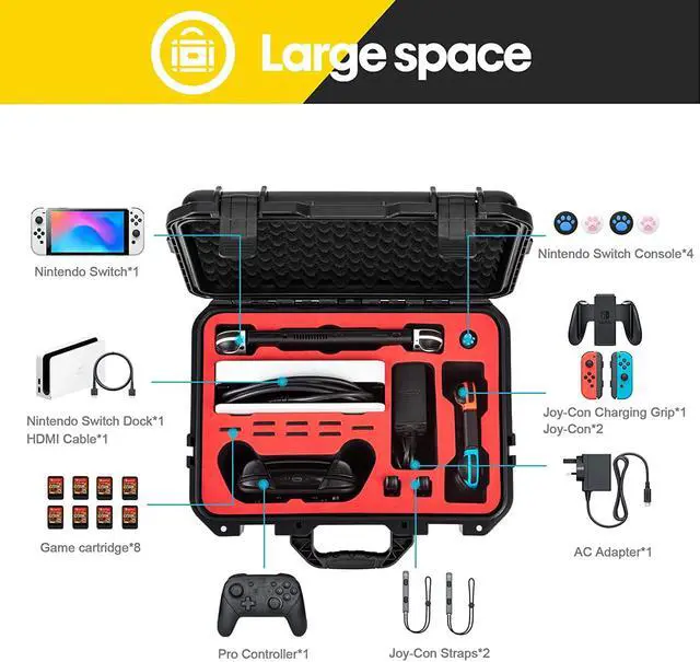 Alt view image 2 of 6 - Carrying Case for Nintendo Switch Travel Case ,Professional Deluxe Waterproof Case Soft Lining Hard Case for Nintendo Switch OLED Model (2021) Console Pro Controller & Accessories Black