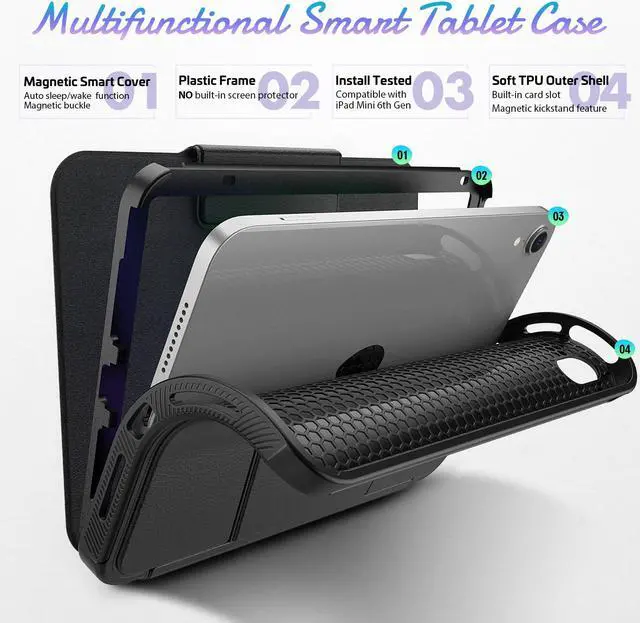 Alt view image 7 of 7 - Magnetic Case for iPad Mini 6 8.3 Inch 2021 - Multiple Angle Shockproof Rugged Stand Case, Soft TPU Back Cover with Pencil Holder,Card Slot,Auto Sleep Wake for iPad Mini 6th Generation