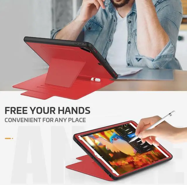 Alt view image 2 of 7 - Magnetic Stand Case for iPad 6th / 5th Generation - [Multiple Angles] Shockproof Protective Cover with Pencil Holder & Card Slot,Auto Wake Sleep for iPad 9.7 inch 2018 2017/Pro 9.7/Air 2 Red