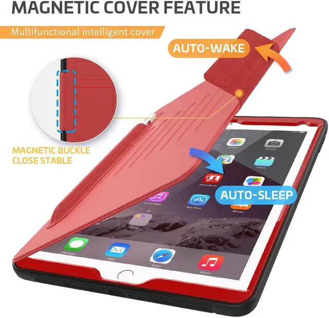 Alt view image 3 of 7 - Magnetic Stand Case for iPad 6th / 5th Generation - [Multiple Angles] Shockproof Protective Cover with Pencil Holder & Card Slot,Auto Wake Sleep for iPad 9.7 inch 2018 2017/Pro 9.7/Air 2 Red