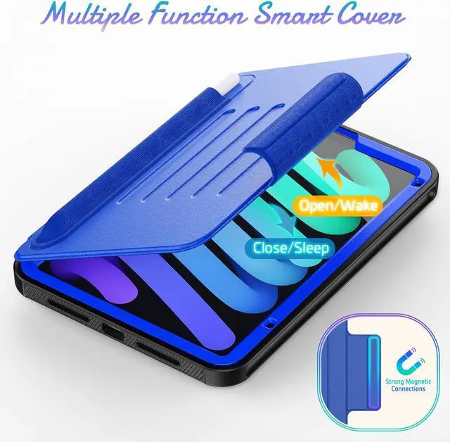 Alt view image 4 of 7 - Magnetic Case for iPad Mini 6 8.3 Inch 2021 - Multiple Angle Shockproof Rugged Stand Case, Soft TPU Back Cover with Pencil Holder,Card Slot,Auto Sleep Wake for iPad Mini 6th Generation Blue