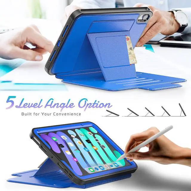 Alt view image 3 of 7 - Magnetic Case for iPad Mini 6 8.3 Inch 2021 - Multiple Angle Shockproof Rugged Stand Case, Soft TPU Back Cover with Pencil Holder,Card Slot,Auto Sleep Wake for iPad Mini 6th Generation Blue