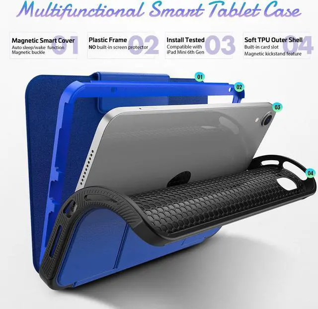 Alt view image 7 of 7 - Magnetic Case for iPad Mini 6 8.3 Inch 2021 - Multiple Angle Shockproof Rugged Stand Case, Soft TPU Back Cover with Pencil Holder,Card Slot,Auto Sleep Wake for iPad Mini 6th Generation Blue