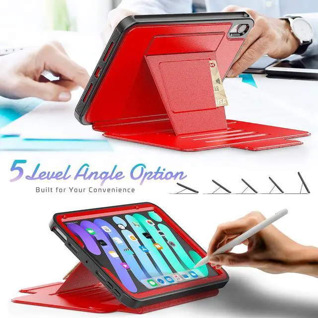 Alt view image 3 of 7 - Magnetic Case for iPad Mini 6 8.3 Inch 2021 - Multiple Angle Shockproof Rugged Stand Case, Soft TPU Back Cover with Pencil Holder,Card Slot,Auto Sleep Wake for iPad Mini 6th Generation Red
