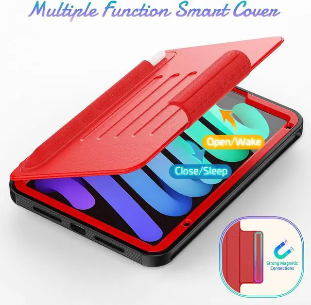Alt view image 4 of 7 - Magnetic Case for iPad Mini 6 8.3 Inch 2021 - Multiple Angle Shockproof Rugged Stand Case, Soft TPU Back Cover with Pencil Holder,Card Slot,Auto Sleep Wake for iPad Mini 6th Generation Red