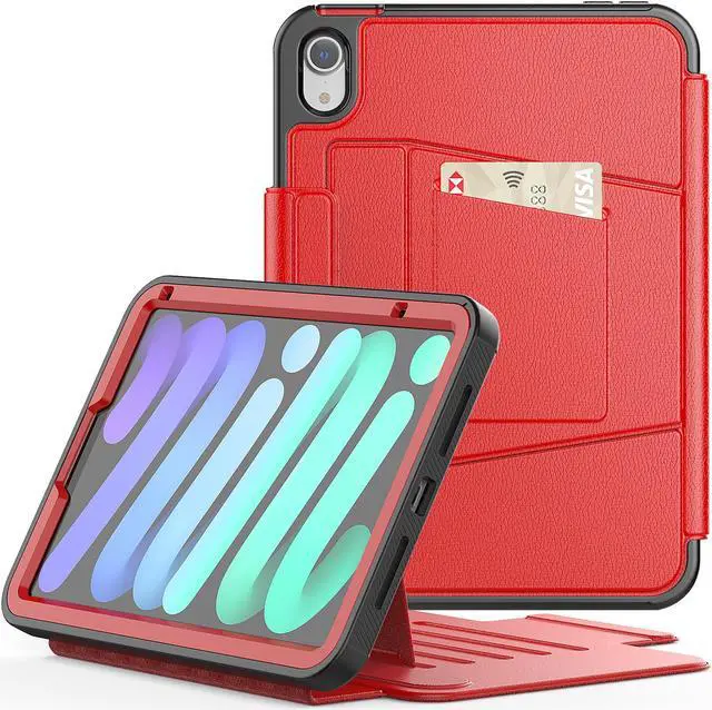 Main image of Magnetic Case for iPad Mini 6 8.3 Inch 2021 - Multiple Angle Shockproof Rugged Stand Case, Soft TPU Back Cover with Pencil Holder,Card Slot,Auto Sleep Wake for iPad Mini 6th Generation Red