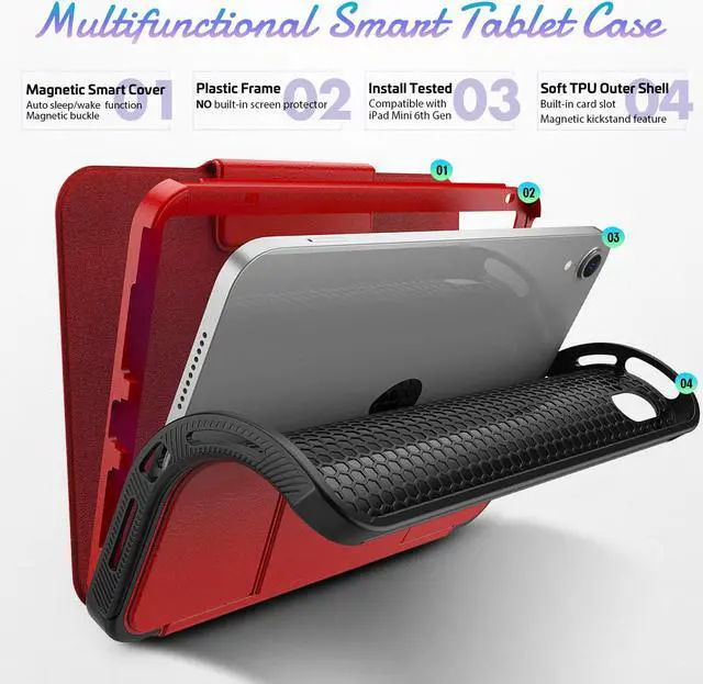 Alt view image 6 of 7 - Magnetic Case for iPad Mini 6 8.3 Inch 2021 - Multiple Angle Shockproof Rugged Stand Case, Soft TPU Back Cover with Pencil Holder,Card Slot,Auto Sleep Wake for iPad Mini 6th Generation Red