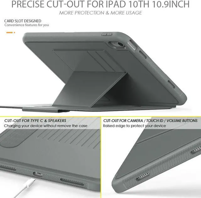 Alt view image 4 of 7 - Magnetic Stand Case for iPad 10th Generation 10.9 Inch 2022 - Multiple Angles Shockproof Rugged Soft TPU Protective Cover with Pencil Holder & Card Slot, Auto Sleep/Wake Gray