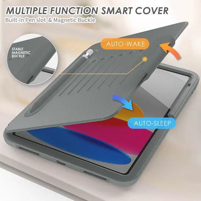 Alt view image 3 of 7 - Magnetic Stand Case for iPad 10th Generation 10.9 Inch 2022 - Multiple Angles Shockproof Rugged Soft TPU Protective Cover with Pencil Holder & Card Slot, Auto Sleep/Wake Gray
