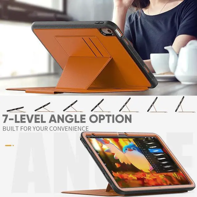Alt view image 2 of 7 - Magnetic Stand Case for iPad 10th Generation 10.9 Inch 2022 - Multiple Angles Shockproof Rugged Soft TPU Protective Cover with Pencil Holder & Card Slot, Auto Sleep/Wake Brown