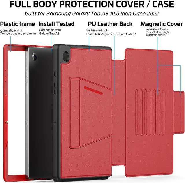 Alt view image 7 of 7 - Magnetic Stand Case for Samsung Galaxy Tab A8 10.5 inch 2022 SM-X200/X205/X207 - Multiple Angles Shockproof Soft TPU Protective Cover with Card Slot, Auto Sleep/Wake Red
