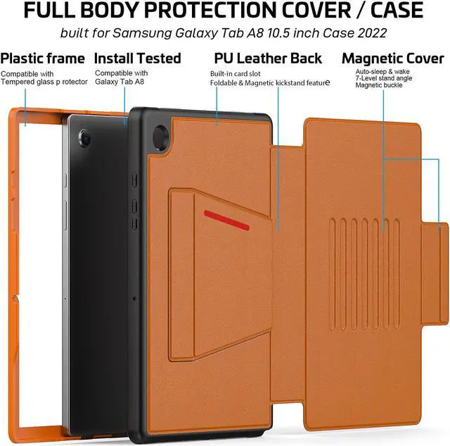 Alt view image 7 of 7 - Magnetic Stand Case for Samsung Galaxy Tab A8 10.5 inch 2022 SM-X200/X205/X207 - Multiple Angles Shockproof Soft TPU Protective Cover with Card Slot, Auto Sleep/Wake Brown