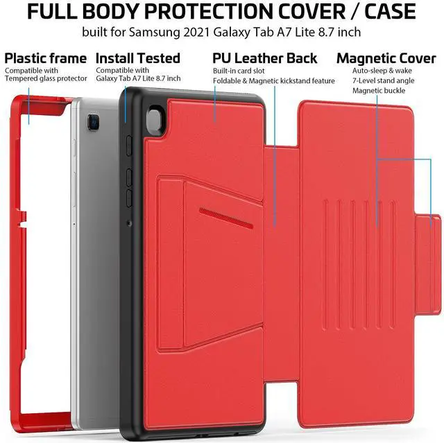 Alt view image 7 of 7 - Magnetic Case for Samsung Galaxy Tab A7 Lite 8.7 inch 2021 Model SM-T220/T225/T227, Multi-Angle Viewing Smart Protective Stand Cover with Card Slot, Auto Wake/Sleep Red
