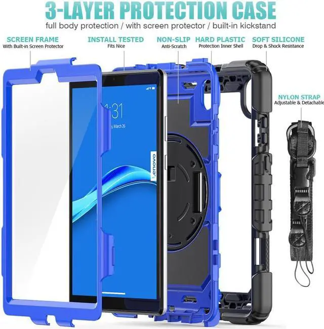 Alt view image 3 of 7 - Case for Lenovo Tab M8 Gen 3 2022/ Smart Tab M8 Gen 3 2022/Tab M8 HD LTE 2021/ Tab M8 HD/Smart Tab M8/Tab M8 FHD 2019 with Pen Holder Screen Protector Stand Shoulder Strap Blue