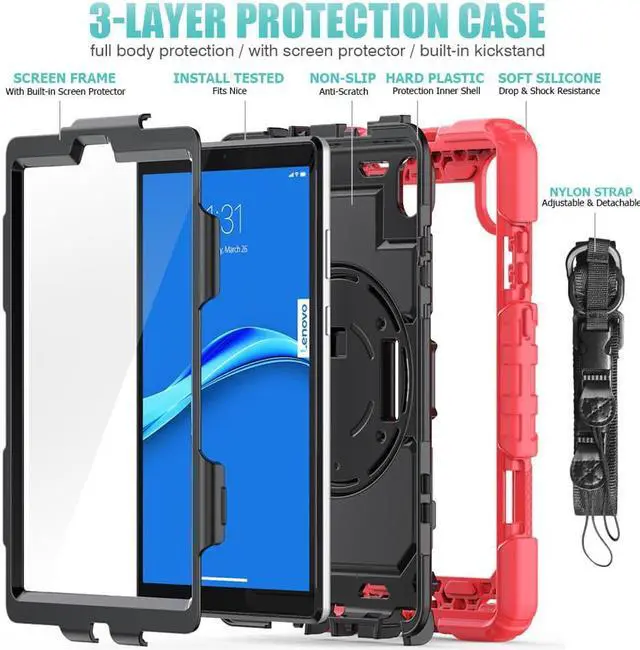 Alt view image 2 of 7 - Case for Lenovo Tab M8 Gen 3 2022/ Smart Tab M8 Gen 3 2022/Tab M8 HD LTE 2021/ Tab M8 HD/Smart Tab M8/Tab M8 FHD 2019 with Pen Holder Screen Protector Stand Shoulder Strap Red