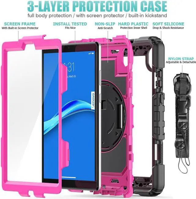 Alt view image 7 of 7 - Case for Lenovo Tab M8 Gen 3 2022/ Smart Tab M8 Gen 3 2022/Tab M8 HD LTE 2021/ Tab M8 HD/Smart Tab M8/Tab M8 FHD 2019 with Pen Holder Screen Protector Stand Shoulder Strap Rose Red
