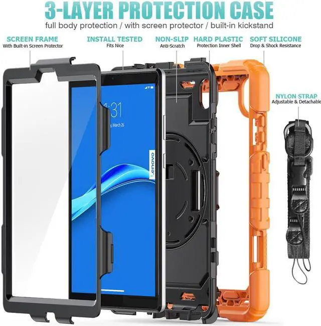 Alt view image 3 of 6 - Case for Lenovo Tab M8 Gen 3 2022/ Smart Tab M8 Gen 3 2022/Tab M8 HD LTE 2021/ Tab M8 HD/Smart Tab M8/Tab M8 FHD 2019 with Pen Holder Screen Protector Stand Shoulder Strap Orange