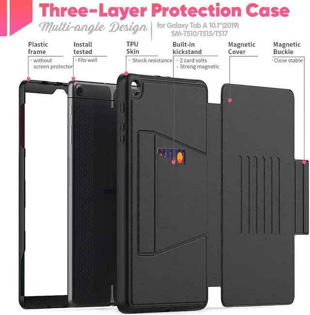 Alt view image 2 of 7 - Magnetic Case for Samsung Galaxy Tab A 10.1 2019 Model SM-T510/T515/T517 Multi-Angle Viewing Smart Protective Stand Cover with Card Slot, Auto Wake/Sleep