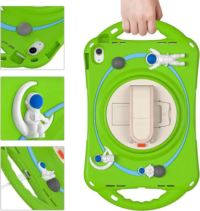 Alt view image 6 of 7 - Cute Case for Apple iPad 10th Generation 10.9 inch 2022, Shockproof Silicone Astronaut Cover with Stand Shoulder Strap, Handle Grip, Pencil Holder Green