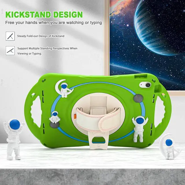 Alt view image 3 of 7 - Cute Case for Apple iPad 10th Generation 10.9 inch 2022, Shockproof Silicone Astronaut Cover with Stand Shoulder Strap, Handle Grip, Pencil Holder Green