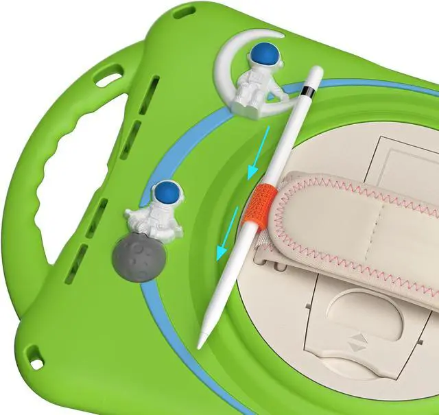Alt view image 4 of 7 - Cute Case for Apple iPad 10th Generation 10.9 inch 2022, Shockproof Silicone Astronaut Cover with Stand Shoulder Strap, Handle Grip, Pencil Holder Green