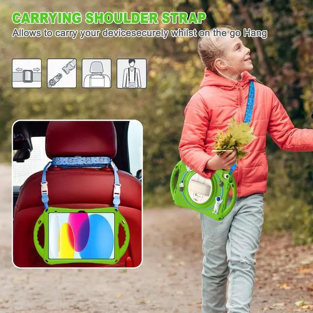 Alt view image 7 of 7 - Cute Case for Apple iPad 10th Generation 10.9 inch 2022, Shockproof Silicone Astronaut Cover with Stand Shoulder Strap, Handle Grip, Pencil Holder Green