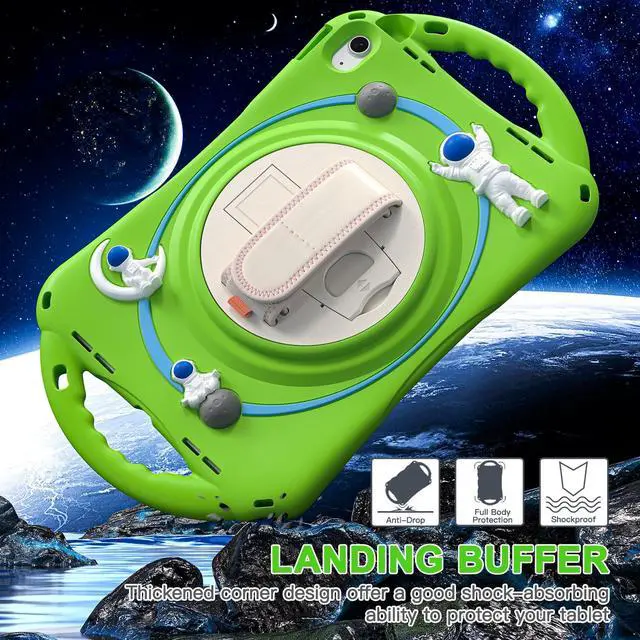 Alt view image 5 of 7 - Cute Case for Apple iPad 10th Generation 10.9 inch 2022, Shockproof Silicone Astronaut Cover with Stand Shoulder Strap, Handle Grip, Pencil Holder Green