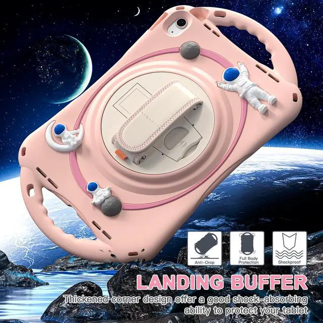 Alt view image 4 of 7 - Cute Case for Apple iPad 10th Generation 10.9 inch 2022, Shockproof Silicone Astronaut Cover with Stand Shoulder Strap, Handle Grip, Pencil Holder Pink