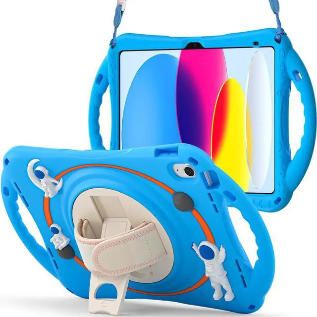 Main image of Cute Case for Apple iPad 10th Generation 10.9 inch 2022, Shockproof Silicone Astronaut Cover with Stand Shoulder Strap, Handle Grip, Pencil Holder Light Blue