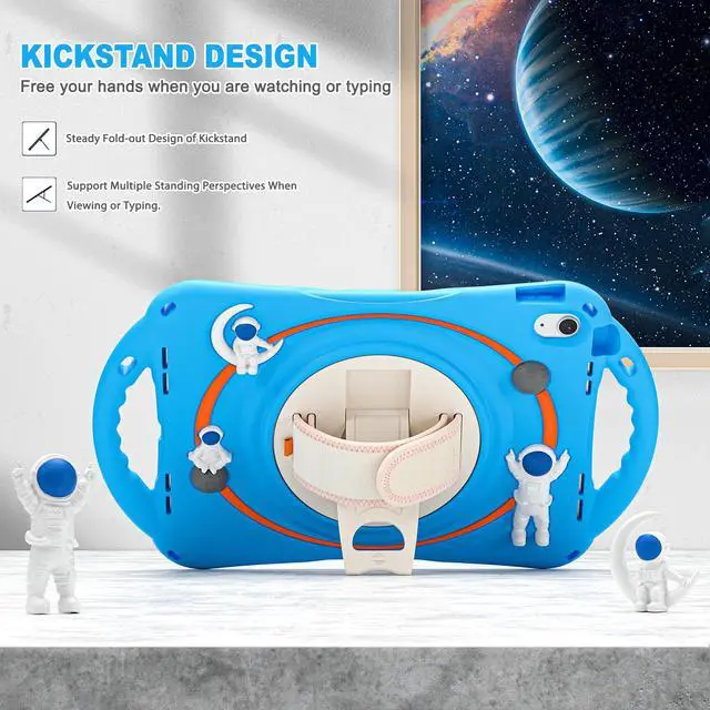Alt view image 3 of 7 - Cute Case for Apple iPad 10th Generation 10.9 inch 2022, Shockproof Silicone Astronaut Cover with Stand Shoulder Strap, Handle Grip, Pencil Holder Light Blue