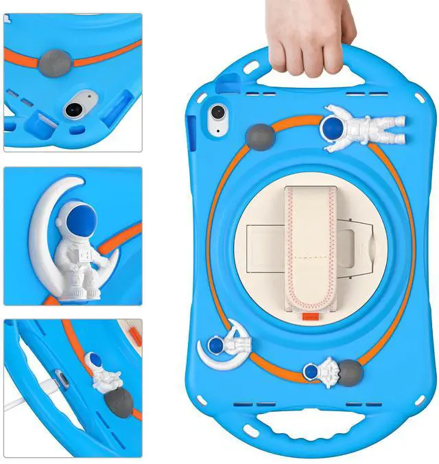Alt view image 5 of 7 - Cute Case for Apple iPad 10th Generation 10.9 inch 2022, Shockproof Silicone Astronaut Cover with Stand Shoulder Strap, Handle Grip, Pencil Holder Light Blue