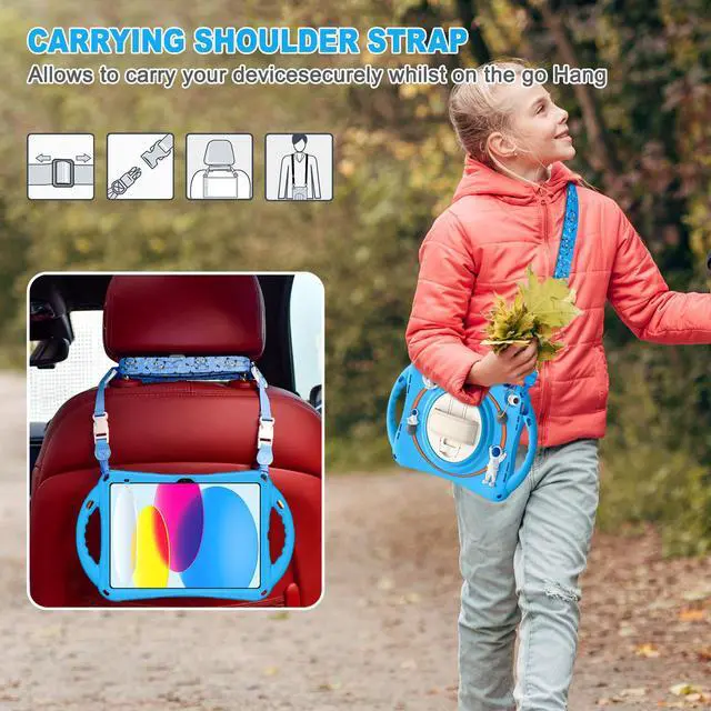 Alt view image 7 of 7 - Cute Case for Apple iPad 10th Generation 10.9 inch 2022, Shockproof Silicone Astronaut Cover with Stand Shoulder Strap, Handle Grip, Pencil Holder Light Blue