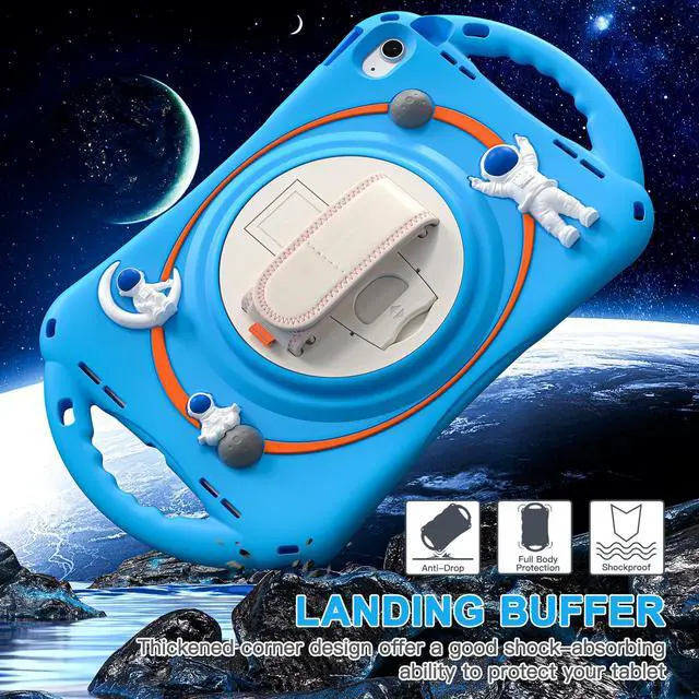 Alt view image 4 of 7 - Cute Case for Apple iPad 10th Generation 10.9 inch 2022, Shockproof Silicone Astronaut Cover with Stand Shoulder Strap, Handle Grip, Pencil Holder Light Blue