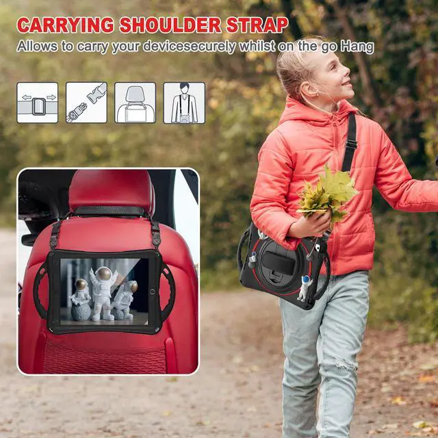 Alt view image 7 of 7 - Cute Case for iPad 6th 5th Generation 9.7 inch 2018 2017, iPad Air 2, Air 1, iPad Pro 9.7, Shockproof Silicone Astronaut Cover with Stand Shoulder Strap, Handle Grip, Pencil Holder