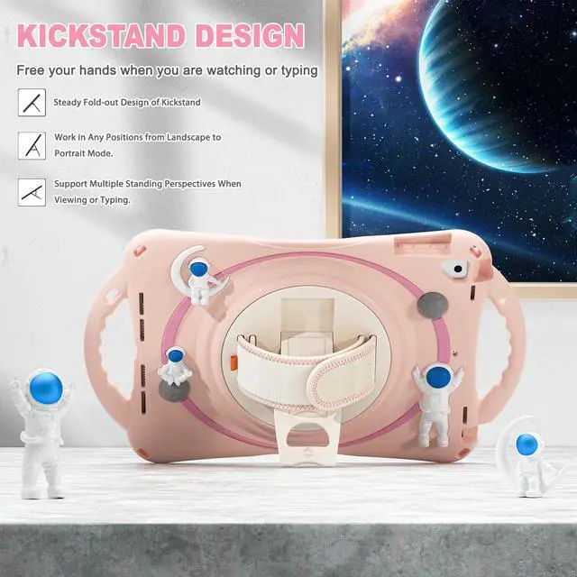 Alt view image 4 of 7 - Cute Case for iPad 6th 5th Generation 9.7 inch 2018 2017, iPad Air 2, Air 1, iPad Pro 9.7, Shockproof Silicone Astronaut Cover with Stand Shoulder Strap, Handle Grip, Pencil Holder Pink
