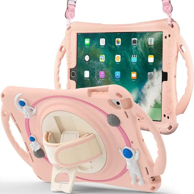 Main image of Cute Case for iPad 6th 5th Generation 9.7 inch 2018 2017, iPad Air 2, Air 1, iPad Pro 9.7, Shockproof Silicone Astronaut Cover with Stand Shoulder Strap, Handle Grip, Pencil Holder Pink